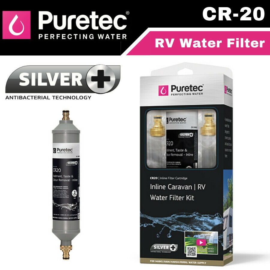 Puretec Inline Caravan Water Filter Brass Hose Fittings & SilverPlus